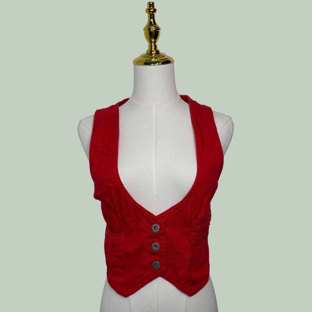 vintage Y2K max rave cherry red denim vest coquette 2000s western chic festival